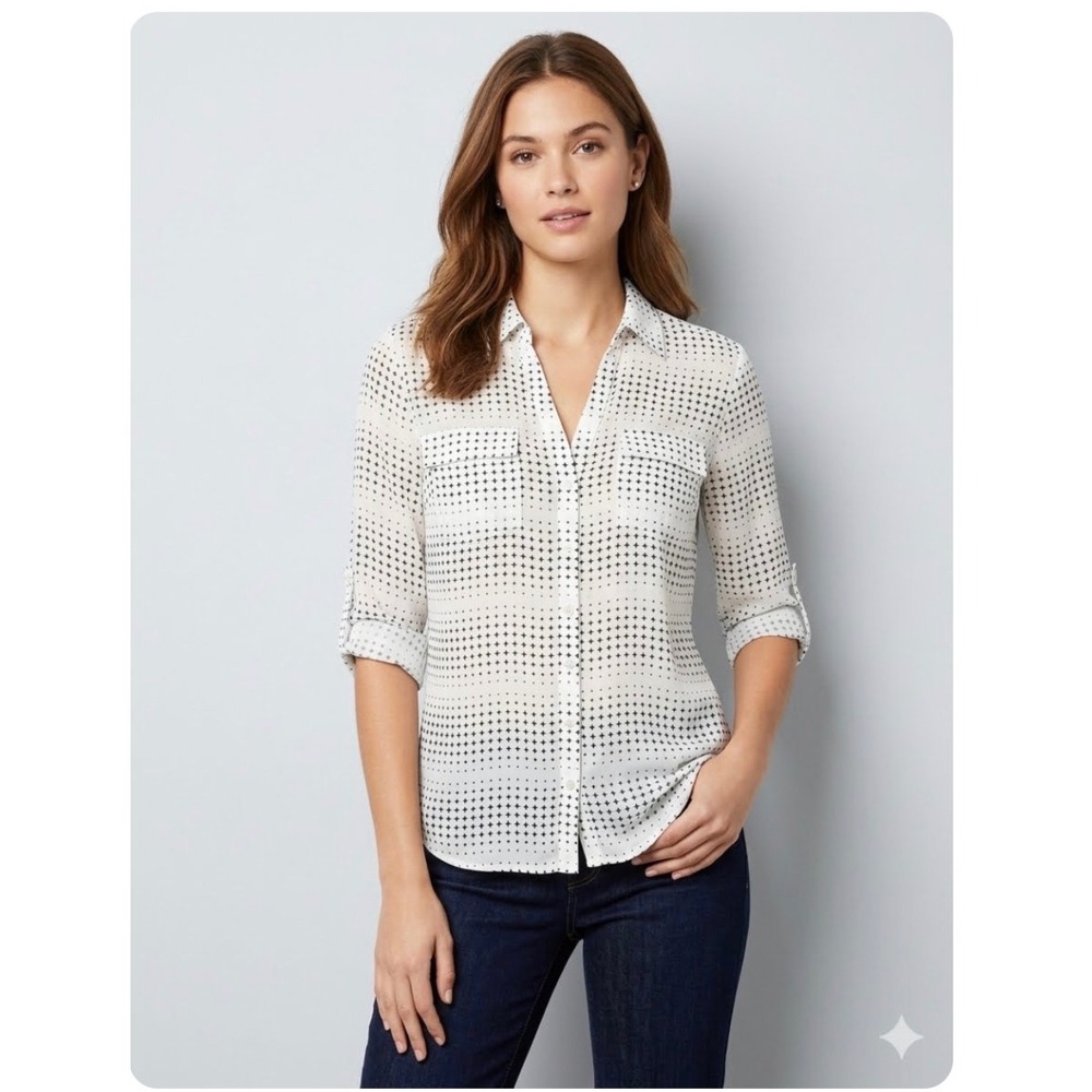 NY & Co Blouse L White Black Starburst Roll Tab Sleeves Officecore Minimalist